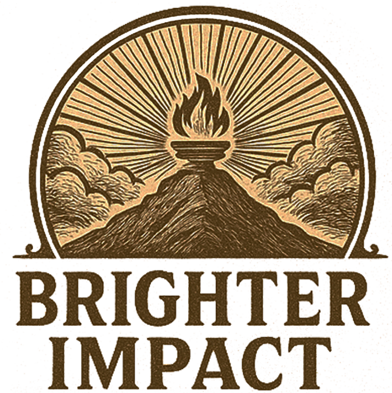 Brighter Impact logo with a sunburst, flame atop a mountain, and clouds in sepia tones