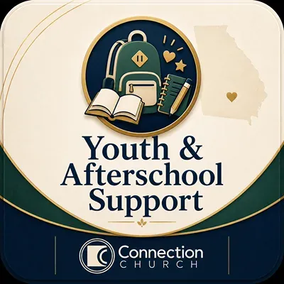 Youth & Afterschool Support poster with backpack, book, and school supplies in blue and cream