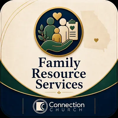 Family Resource Services banner with family icon on cream and navy background, Connection Church logo below