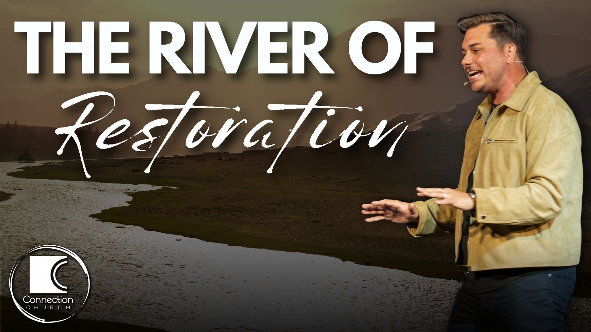 Promotional slide for “The River of Restoration” with a man speaking beside a river at sunset