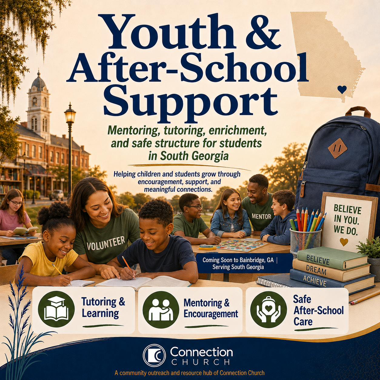 Youth & After-School Support poster with volunteers and students in a park, listing tutoring, mentoring, and safe care