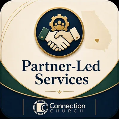 Partner-Led Services graphic with handshake icon, navy and gold design, Connection Church logo at bottom