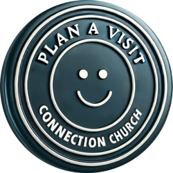 Circular church button with smiling face and text “Plan a Visit” and “Connection Church”