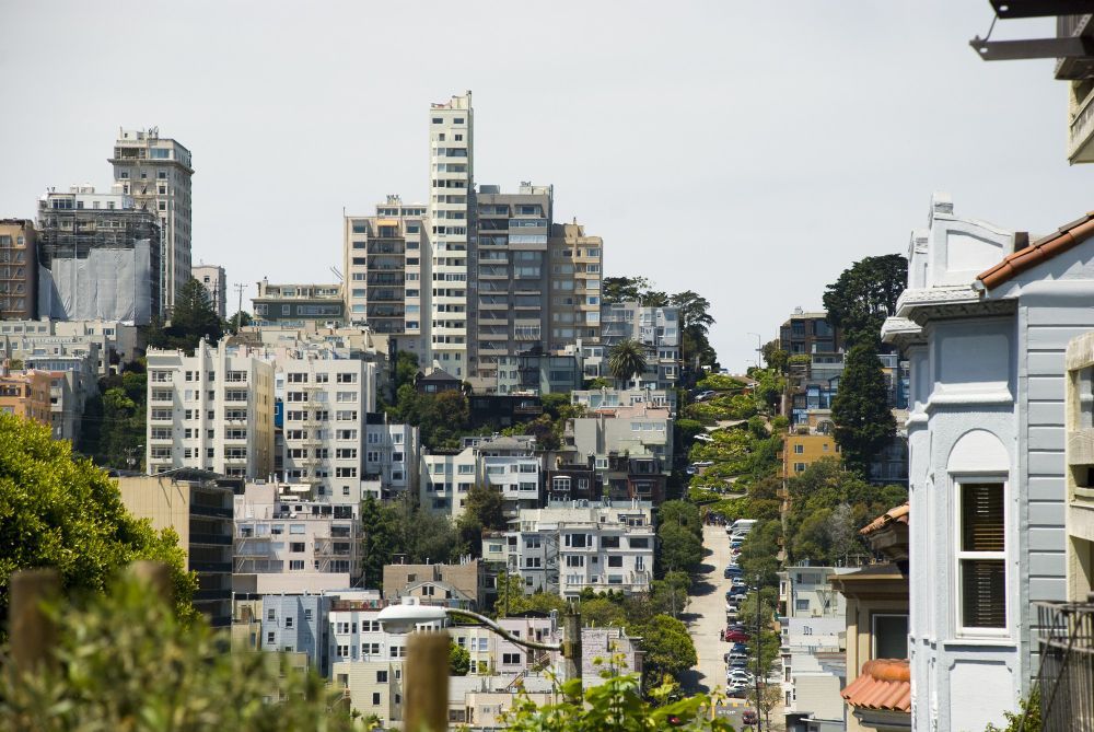 Uma vista das ruas íngremes de São Francisco, com seus densos prédios residenciais e árvores exuberantes sob um céu claro.