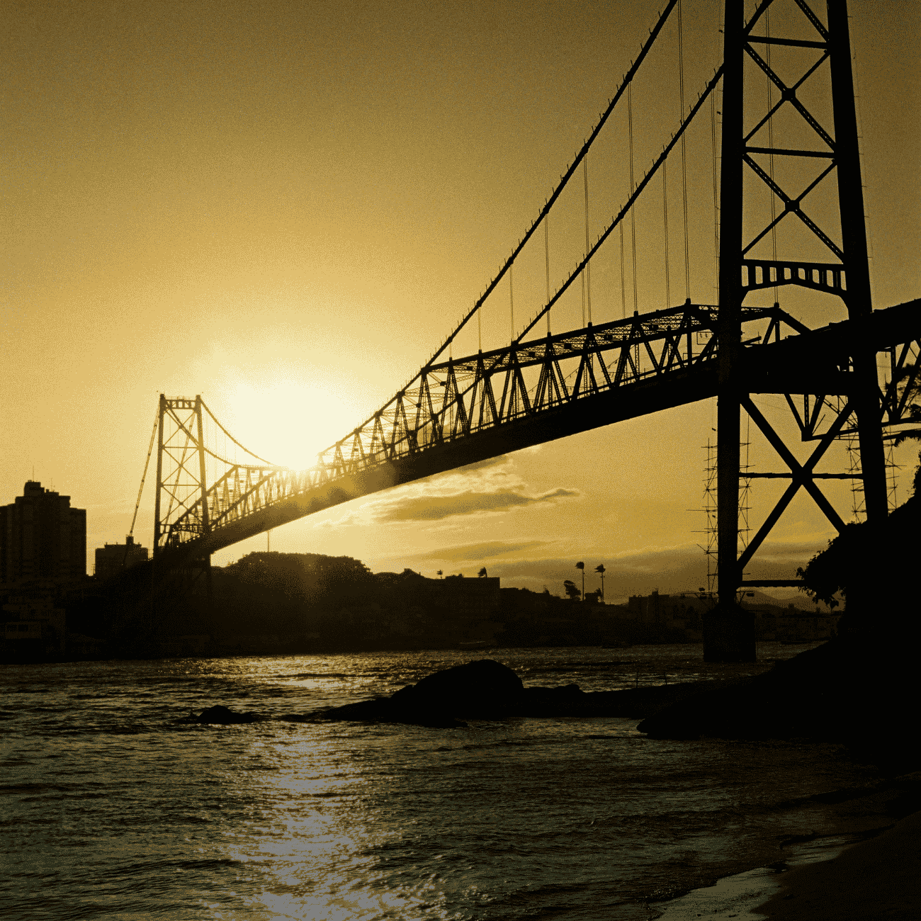 A imagem mostra uma grande ponte suspensa atravessando um corpo d’água ao pôr do sol. A estrutura aparece em silhueta escura, destacando seus cabos e torres metálicas contra um céu dourado iluminado pelo sol baixo no horizonte. A luz reflete na superfície da água, criando um caminho brilhante que se estende em direção à margem arenosa visível no canto inferior direito.