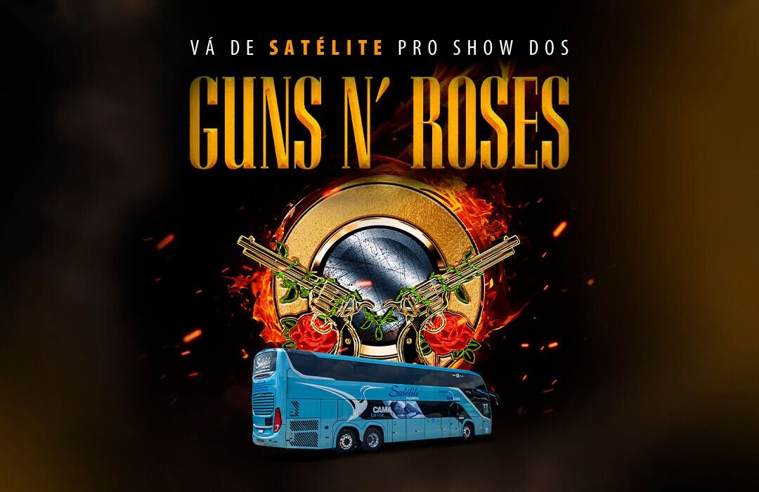 Pôster do show do Guns N' Roses com um ônibus azul, guitarra, rosas e luzes flamejantes em um fundo preto.