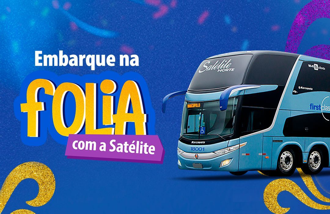 Banner azul com ônibus azul e texto “Embarque na folia com a Satélite” em destaque.