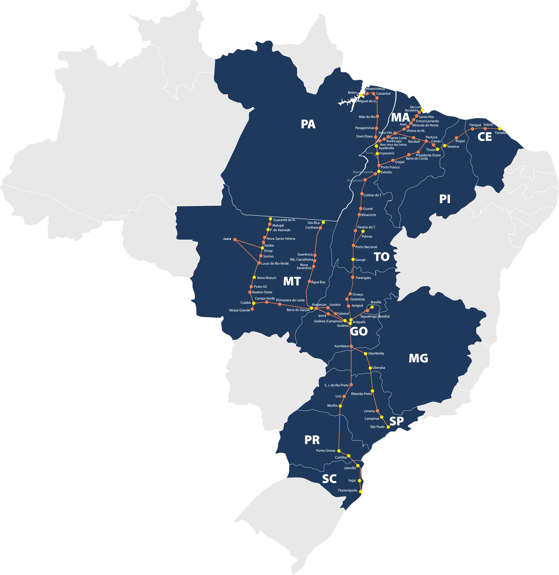 Mapa do Brasil com os estados em tom escuro conectados por uma rede rodoviária