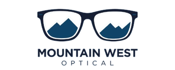 Mountain West Optical logo with eyeglasses and mountain peaks in blue and white