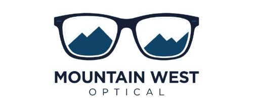 Mountain West Optical logo with eyeglasses and mountain peaks in blue and white