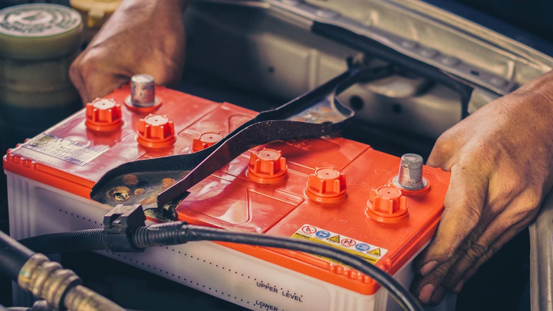 A Person Is Holding a Red Battery Under the Hood of A Car — Steve Purse Automotive In Huskisson, NSW

