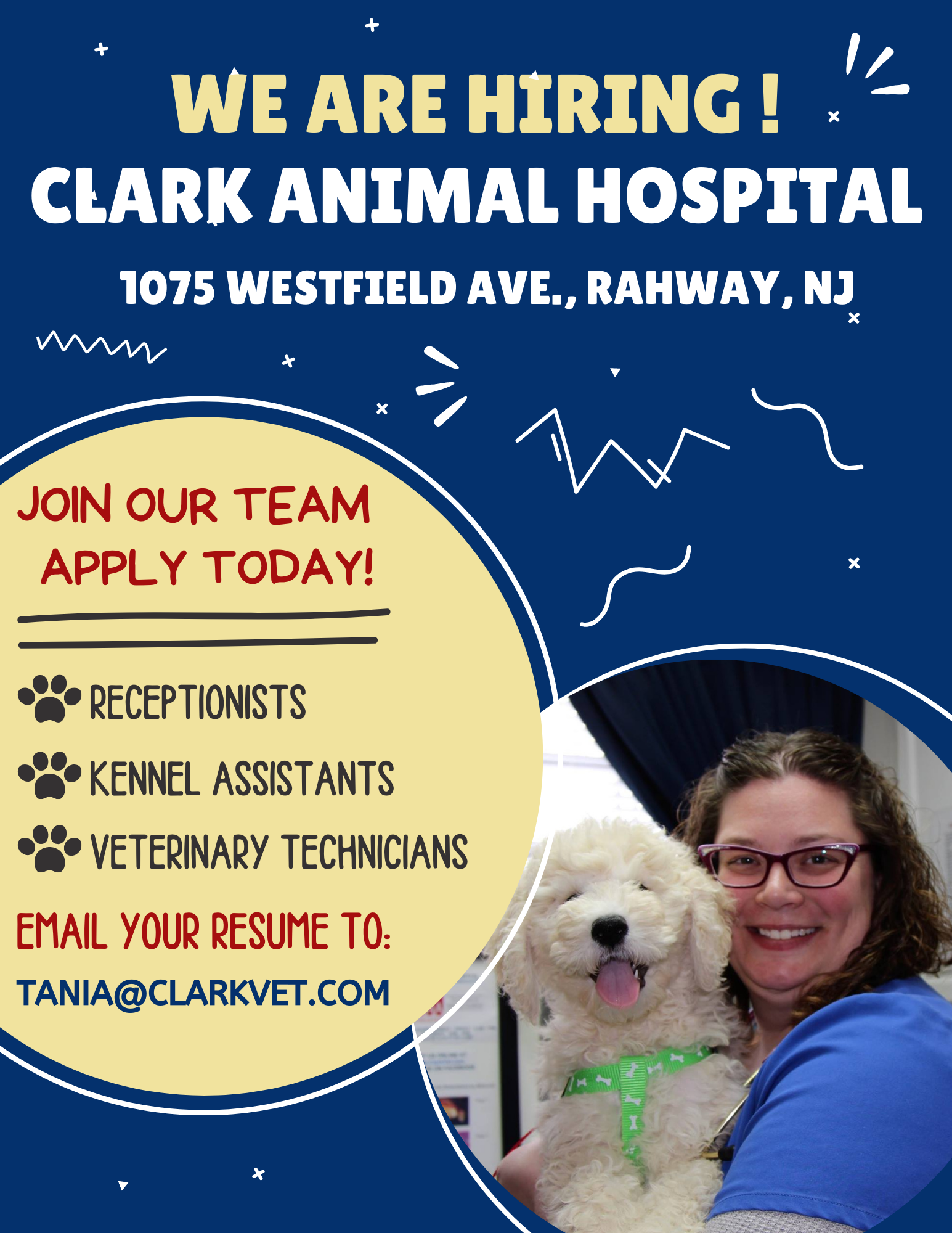 Clark Animal Hospital Hiring An advertisement for clark animal hospital in rahway new jersey