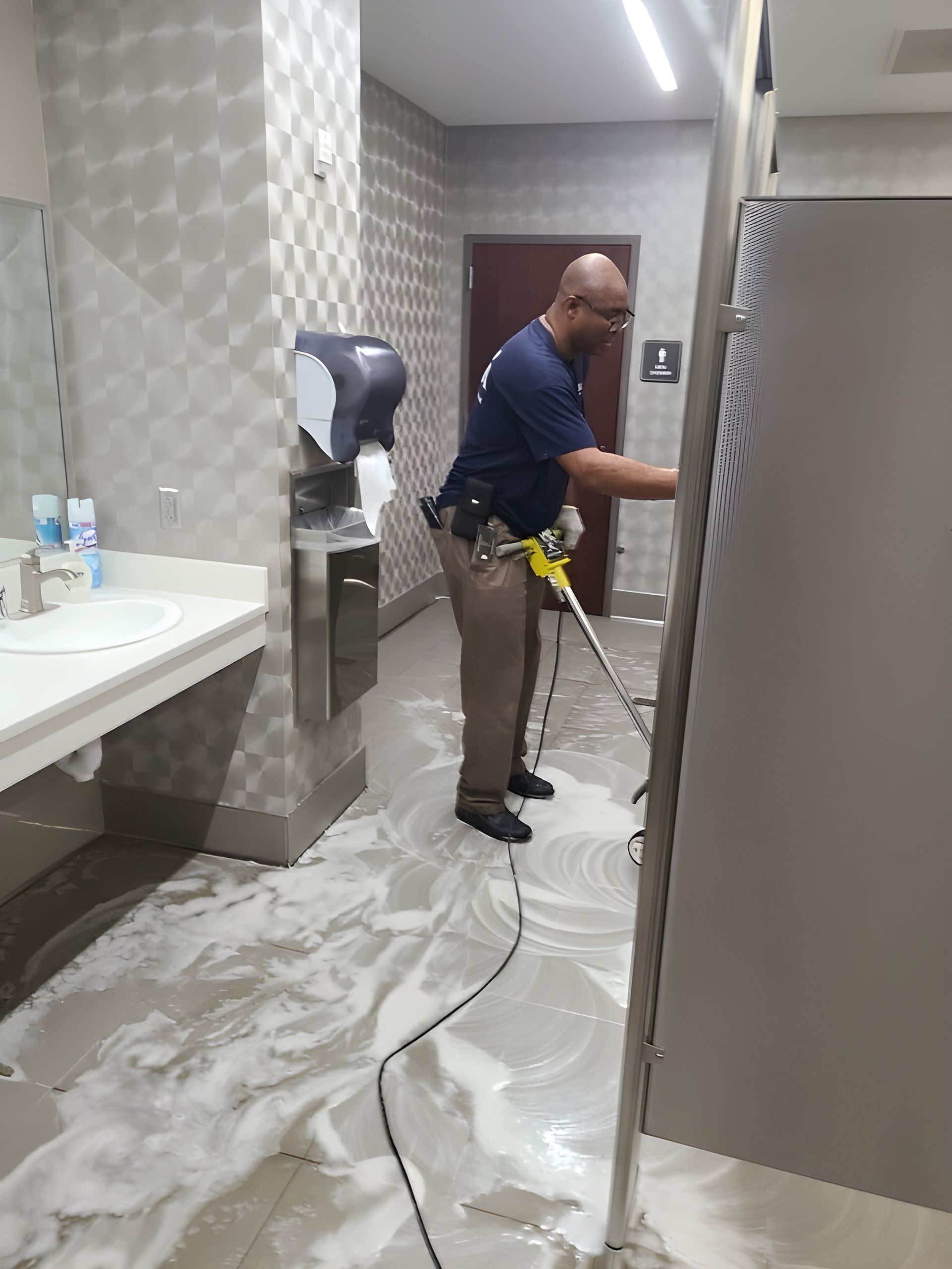 Two workers cleaning a tiled restroom floor with a hose and mop, water spread across the floor.