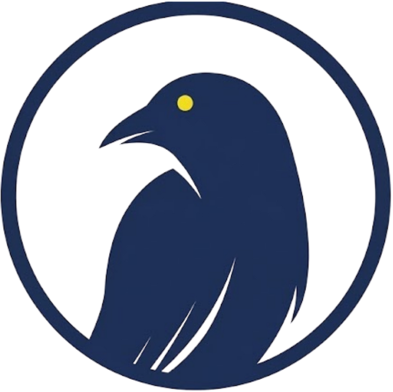 Dark blue bird logo inside a blue circle with a yellow eye