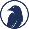 Dark blue bird logo inside a blue circle with a yellow eye