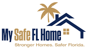 My Safe FL Home logo with blue house roof, palm tree, and tagline “Stronger Homes. Safer Florida.”
