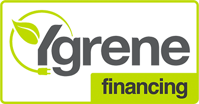 A logo for ygrene financing with a green leaf and an electric plug.