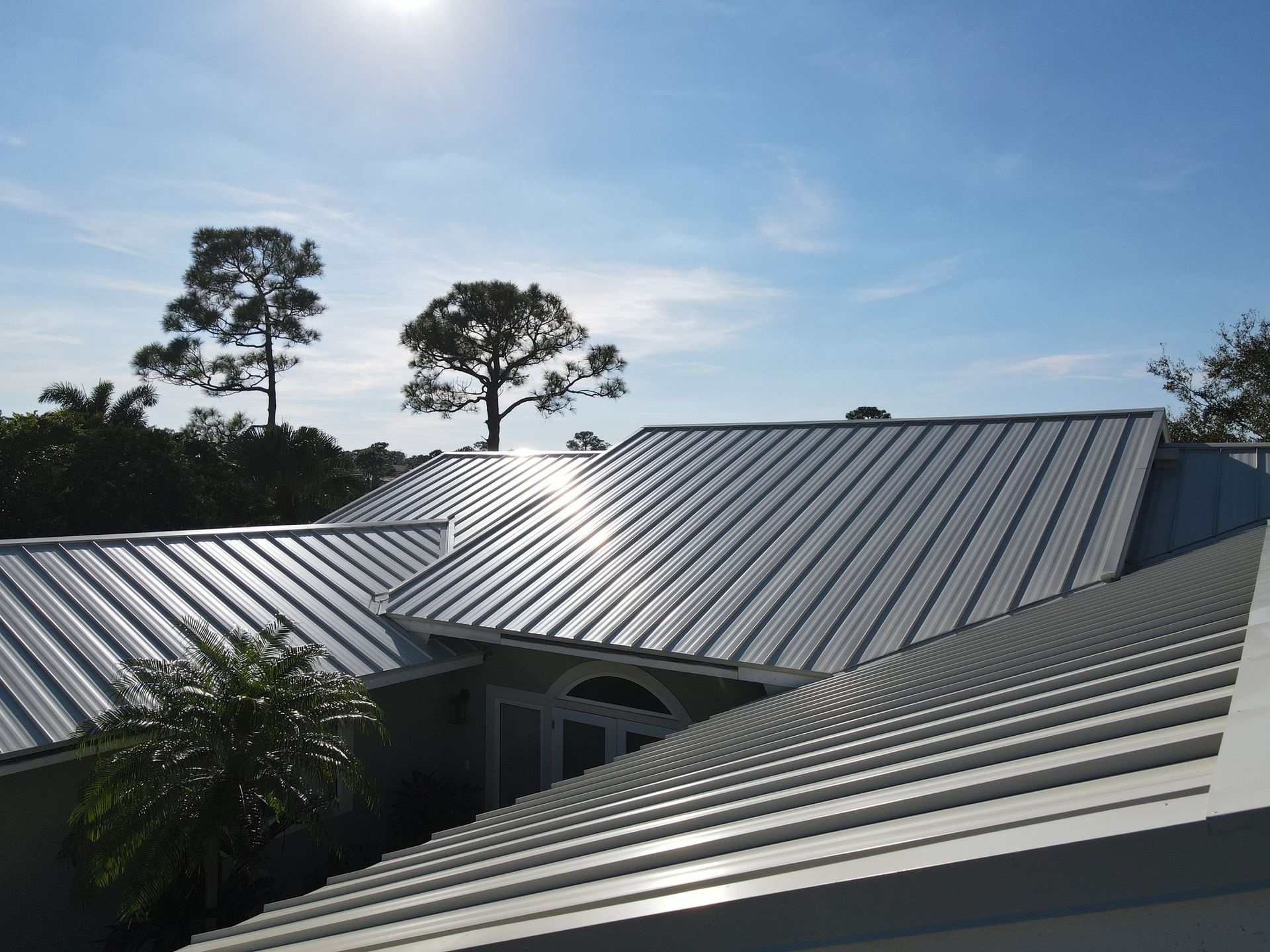 Metal roofed houses beneath a clear blue sky with tall trees in the background