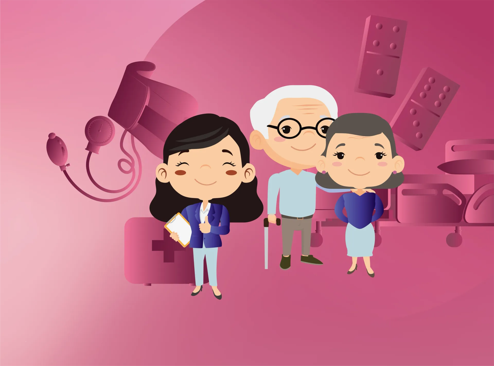 Drei Comicfiguren stehen vor einem rosa Hintergrund mit abstrakten Bürogegenständen.