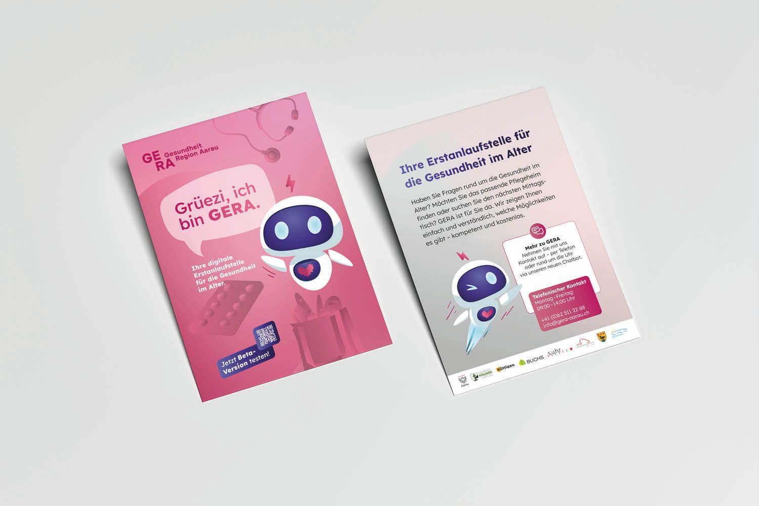 Doppelseite in einer rosafarbenen und weißen Broschüre mit einem Cartoon-Roboter und Werbetext