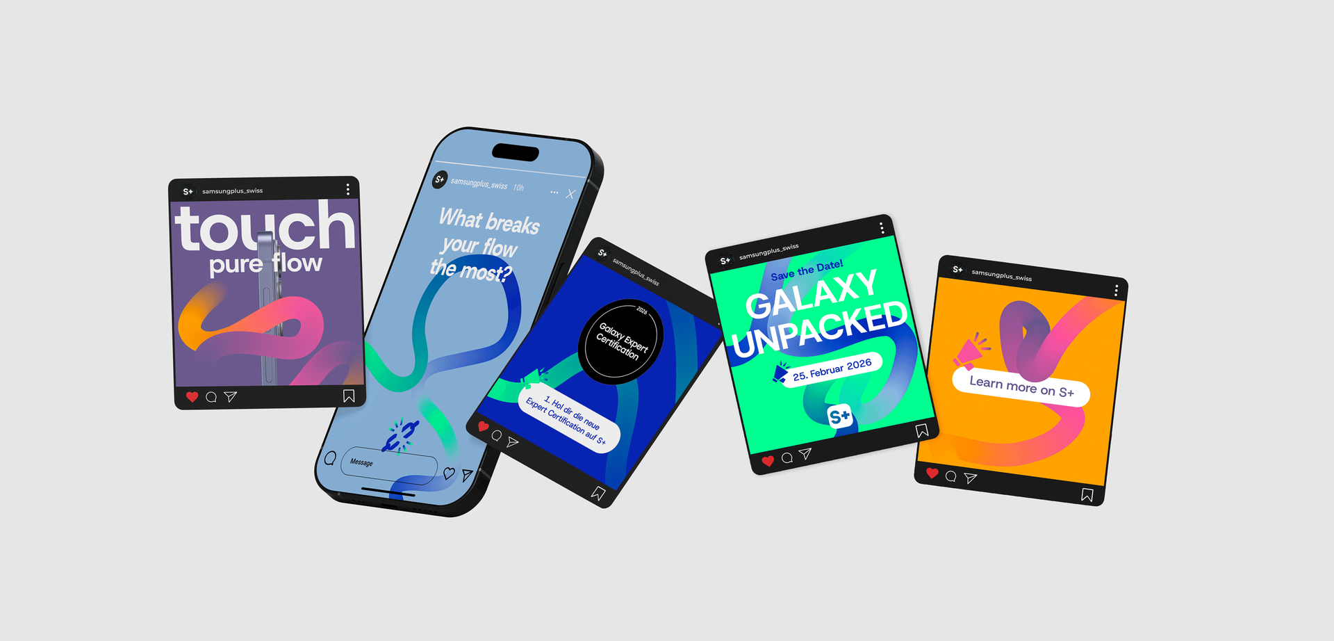 Vier farbenfrohe Smartphone-Bildschirme, die App-Designs auf hellgrauem Hintergrund zeigen