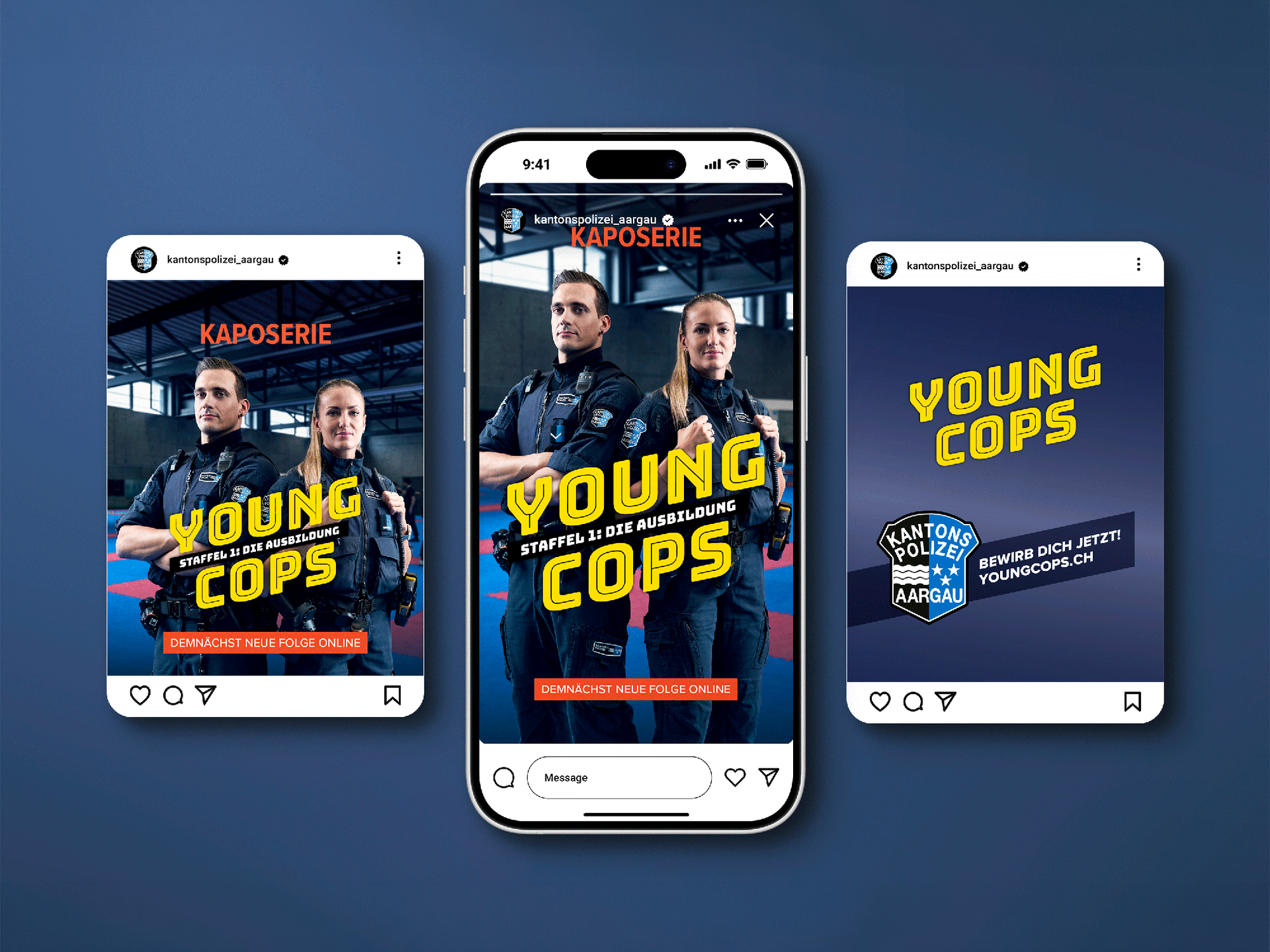 Drei Social-Media-Mockups für „Young Cops“ auf blauem Hintergrund, mit Polizisten im Zentrum.