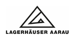 Logo für Lagerhäuser Aarau mit einem stilisierten schwarzen Dreiecksemblem und Text auf weißem Hintergrund