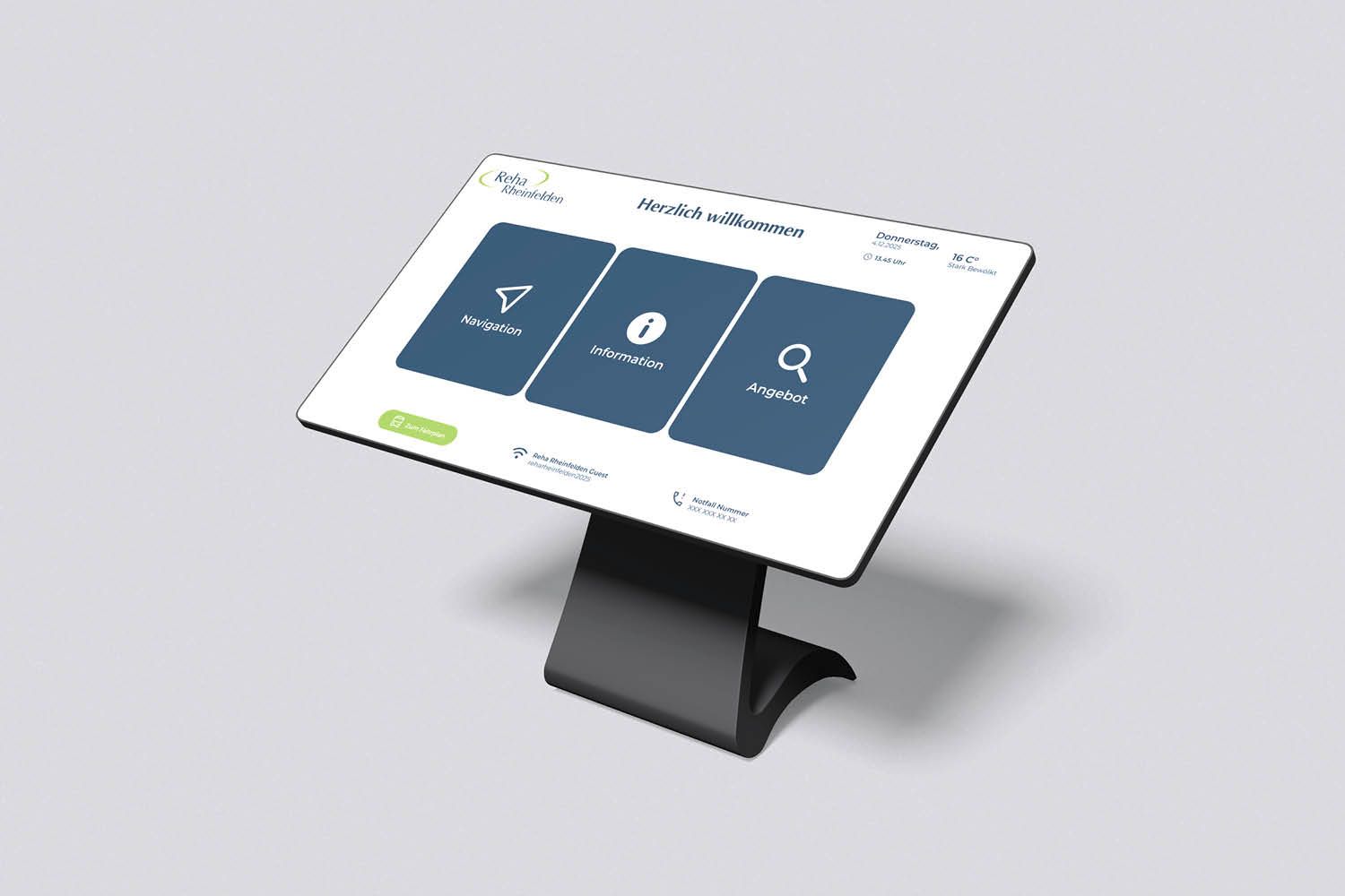 Tablet-Kiosk auf einem Ständer mit drei blauen Navigationsfeldern auf weißem Bildschirm