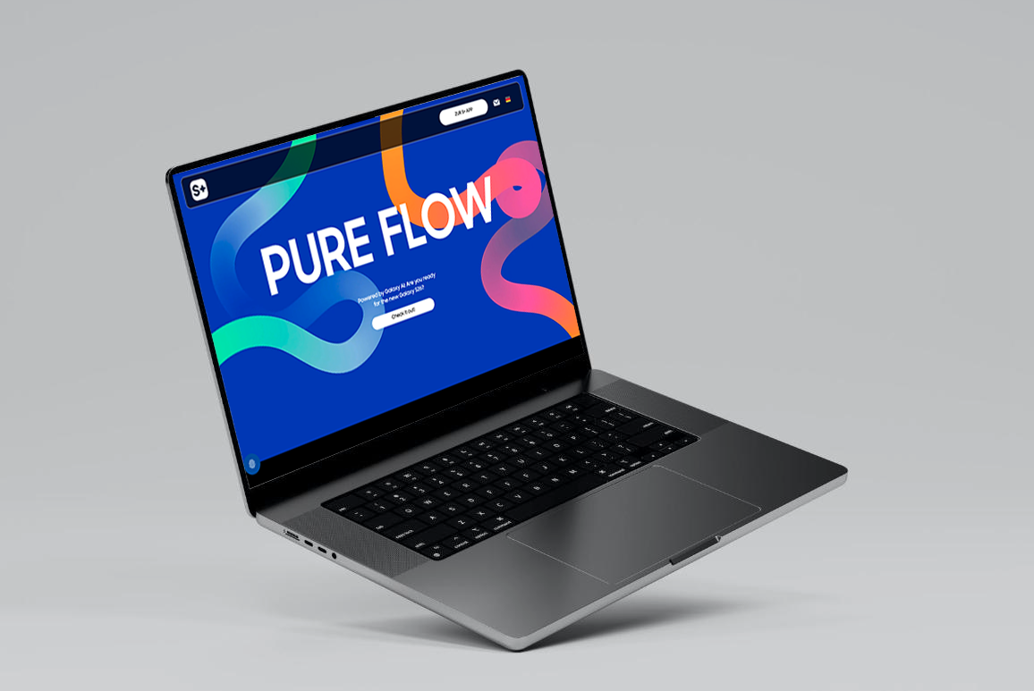 Silberner Laptop auf grauem Hintergrund mit blauem Bildschirm, auf dem „PURE FLOW“ steht, und farbenfrohen Wellengrafiken