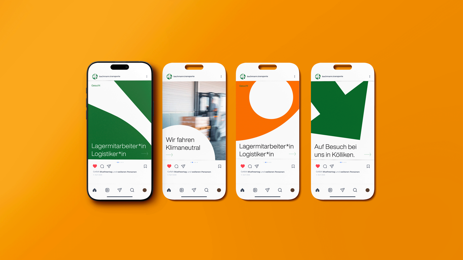 Vier Smartphone-Bildschirme auf orangefarbenem Hintergrund zeigen grüne und orangefarbene App-Oberflächen.