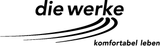 Logo mit der Aufschrift „die Werke“ in schwarzen, geschwungenen Linien und dem Slogan „komfortabel leben“ darunter