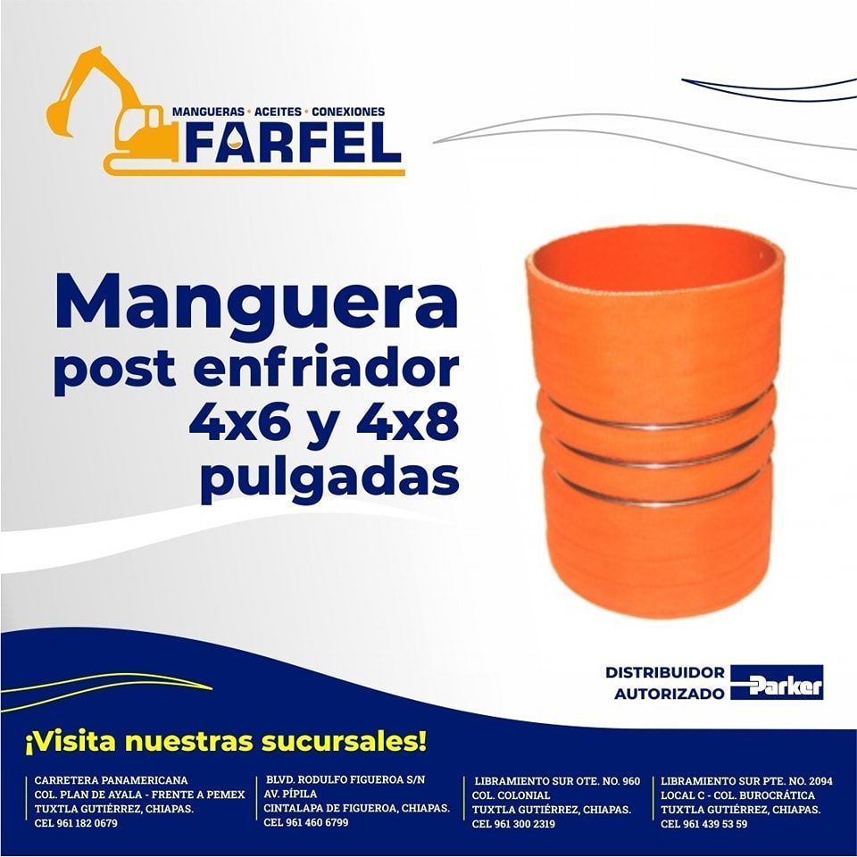 An advertisement for manguera post enfriador 4x6 y 4x8 pulgadas