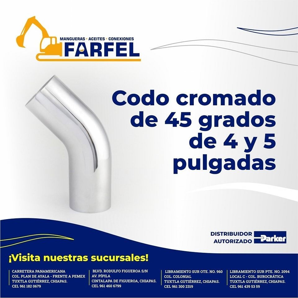 An advertisement for codo cromado de 45 grados de 4 y 5 pulgadas