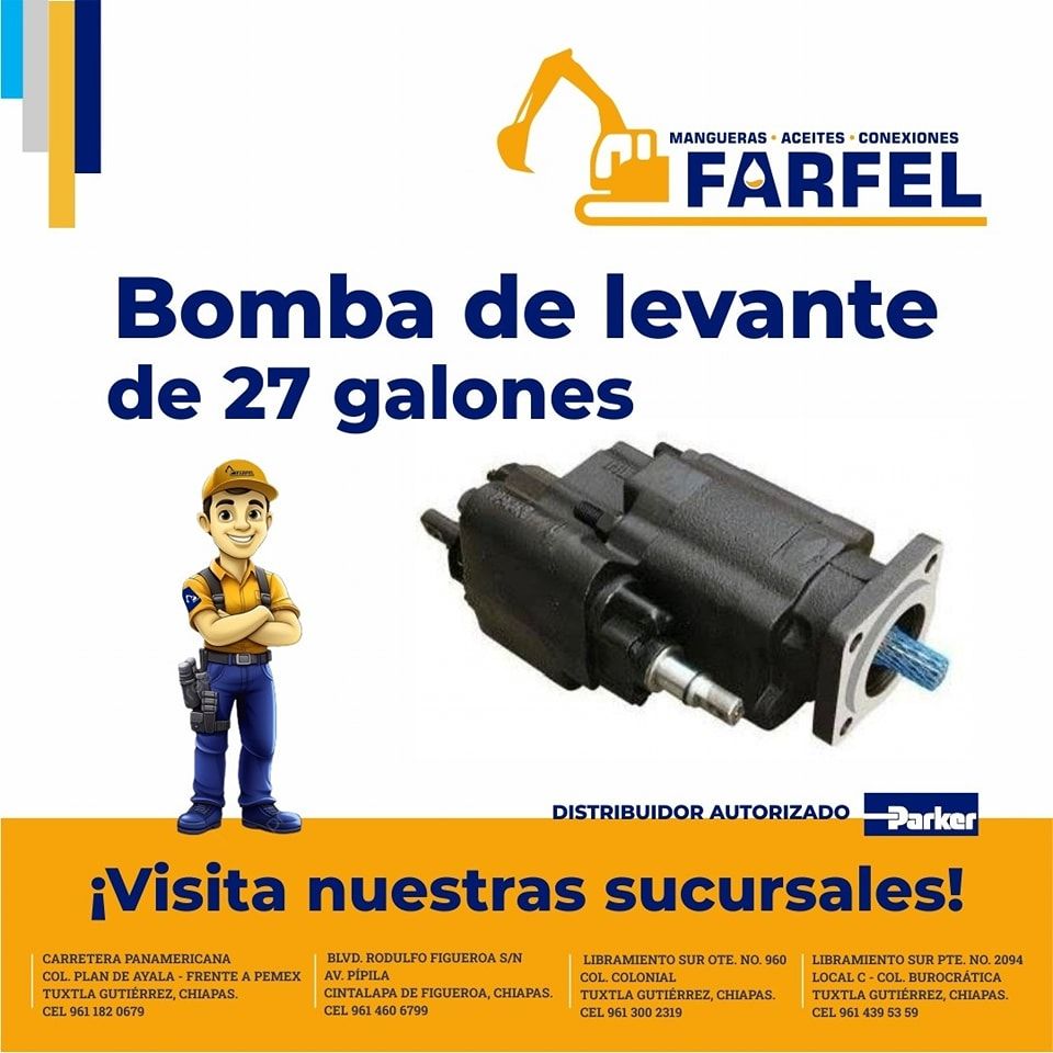 Un cartel con un hombre y una bomba que dice bomba de levante de 27 galones