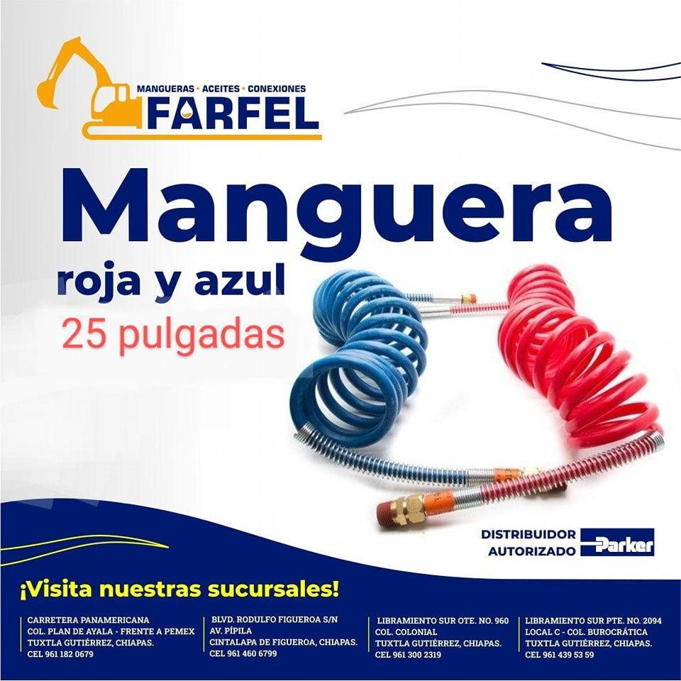 An advertisement for manguera roja y azul 25 pulgadas