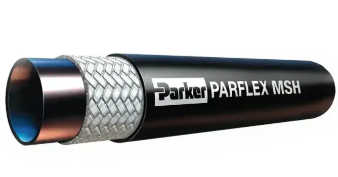 Un primer plano de una manguera parker parflex msh sobre un fondo blanco.