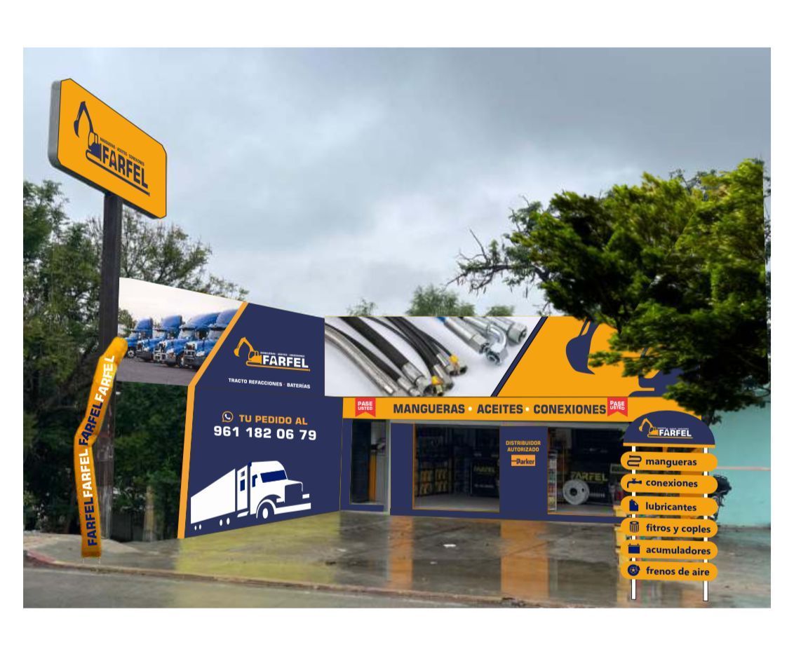 Un edificio amarillo y azul con un camión.