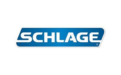 A blue and white schlage logo on a white background.