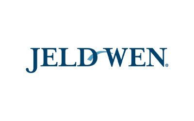 The logo for jeld wen is blue and white on a white background.