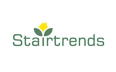 A logo for stairtrends with a house and leaves on a white background.
