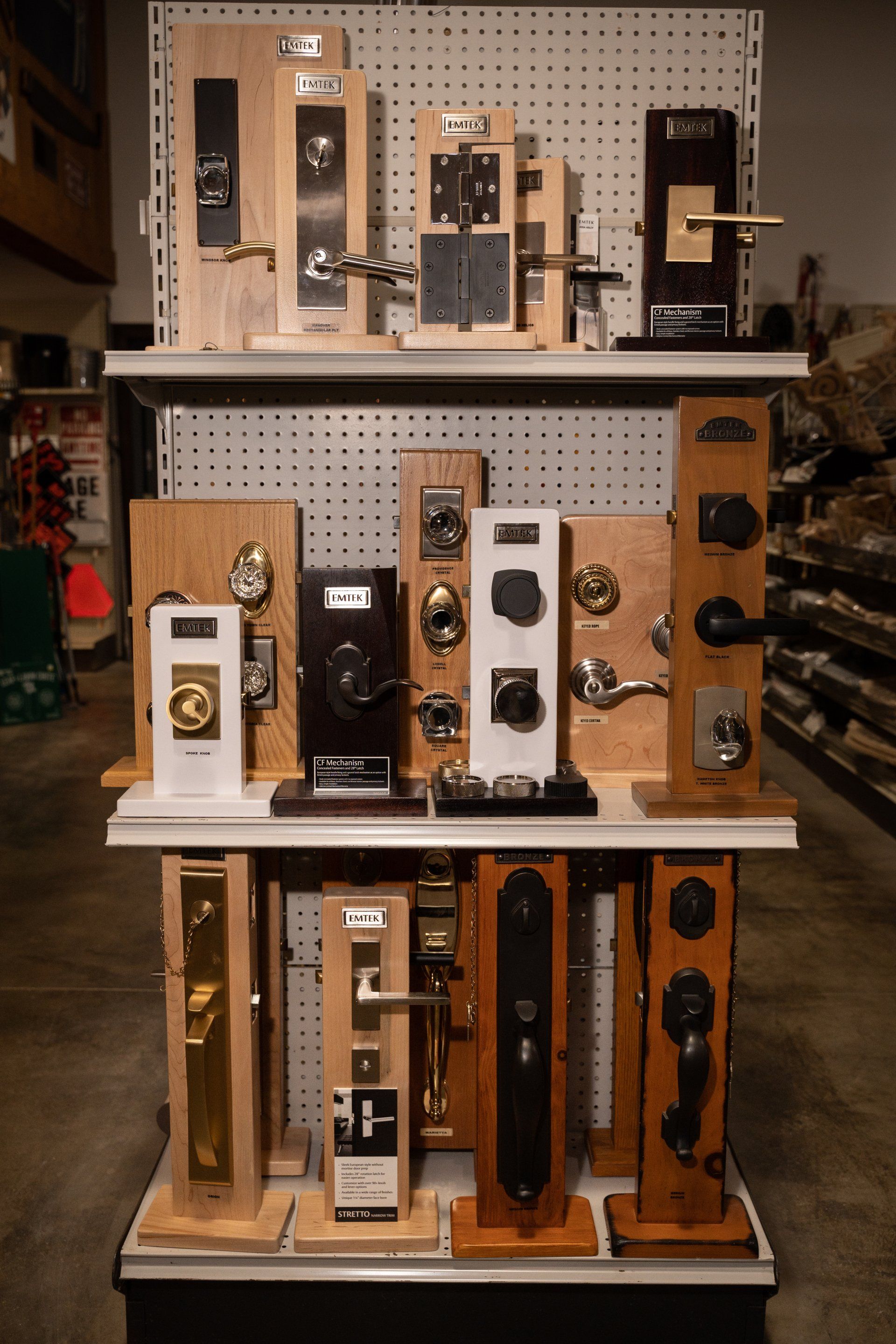 A display of door locks and handles in a store