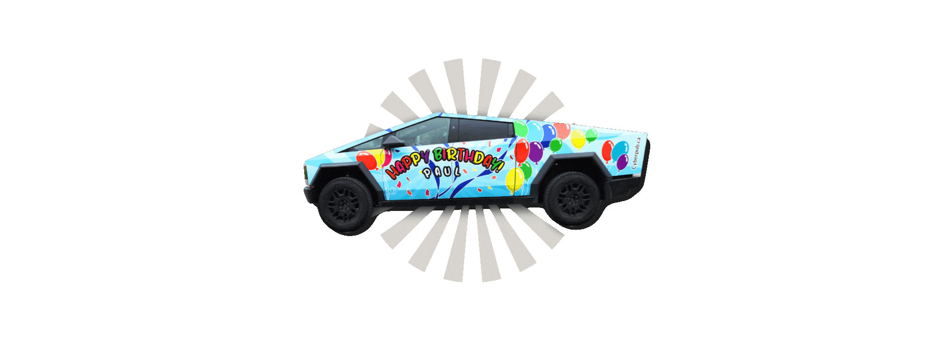 A light blue vehicle decorated with paint splashes, encircled by white lines, set on a white background.