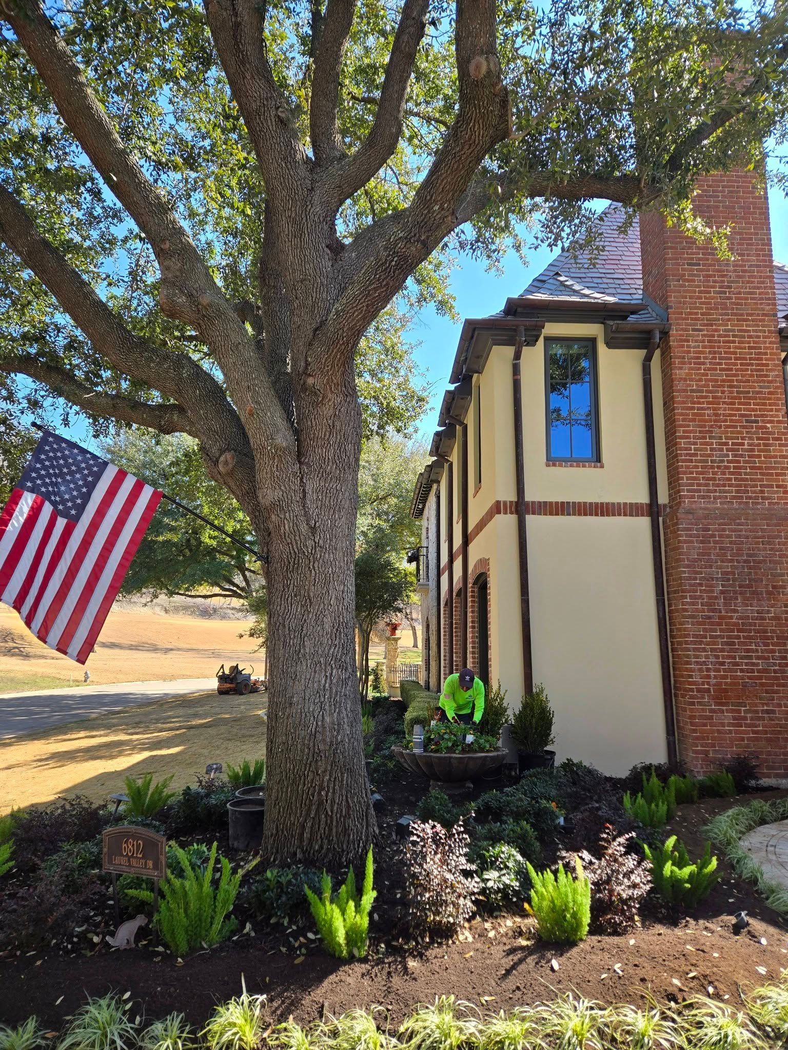 Large tree and American flag beside a house with brick chimney and landscaped front yard.