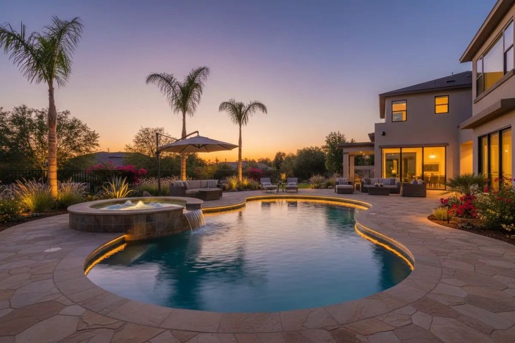 Backyard pool at sunset beside a modern house, with palm trees and warm lights glowing