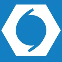 White hexagon containing a blue circle with two curved white lines, on a blue background.