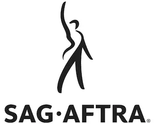 SAG-AFTRA logo: A stylized black silhouette of a person with arms raised, above the organization's name in black.