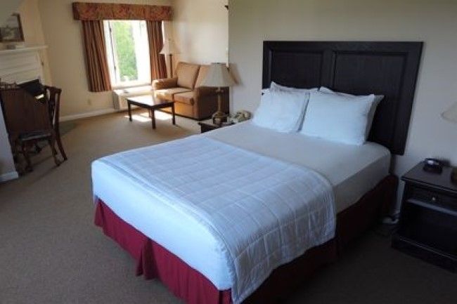 A hotel room with a bed and a couch