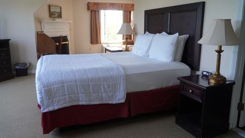 A hotel room with a king size bed and two lamps