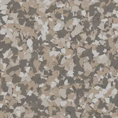 Speckled flooring with beige, gray, and off-white chips.