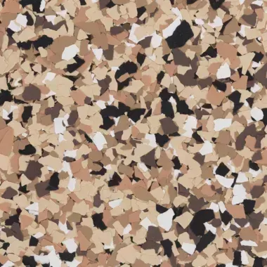 Brown, tan, black, and white chip-covered flooring.